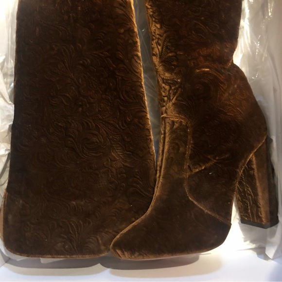 AQUAZZURA Over The Knee Thigh High Brown Velvet Brocade Block Heel Boho Boot - Picture 4 of 10